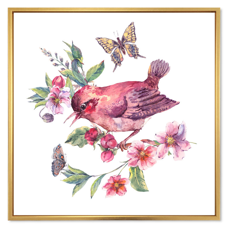 Oiseau sur une branche en fleurs I - peinture sur toile, H 16 po x l 16 po, Cadre flottant doré