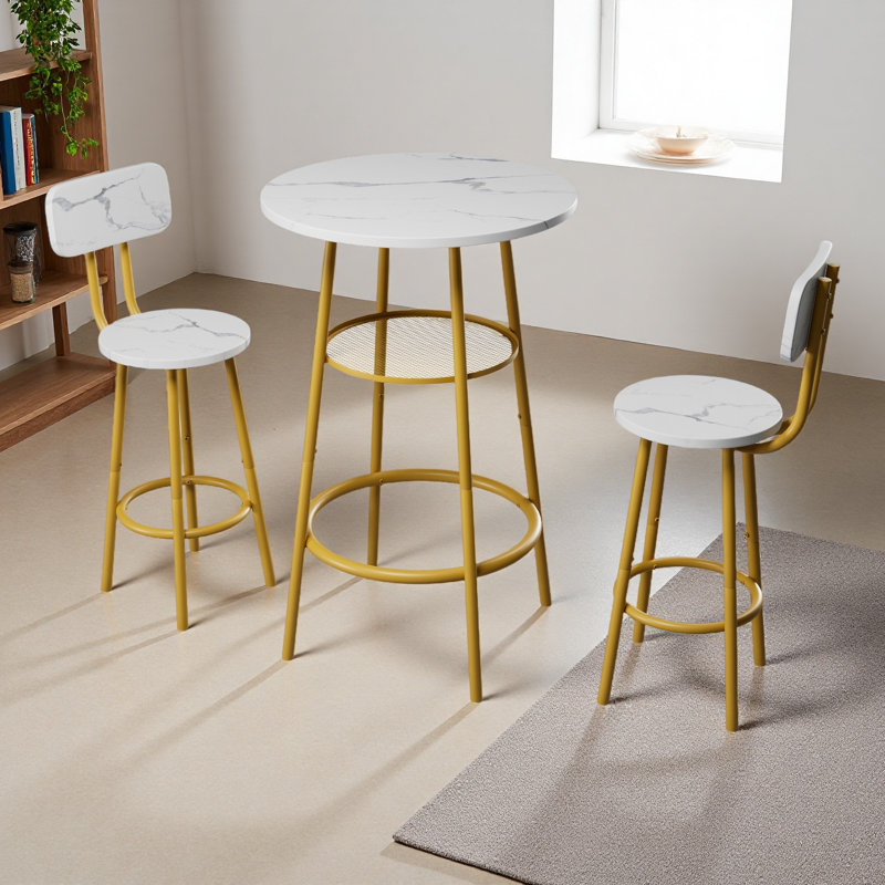 Ensemble 3 pièces de table et chaises avec 2 tabourets et table de salle à manger, Doré, Blanc, Blanc