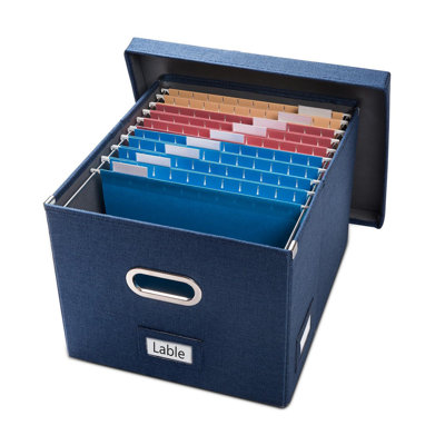 File Organizer Box - Set Of 1 Collapsible Decorative Linen Filing Storage Hanging File Folders With Lids Office Cabinet Letter/Legal Size Navy Blue (17X14x11.2 Inch)