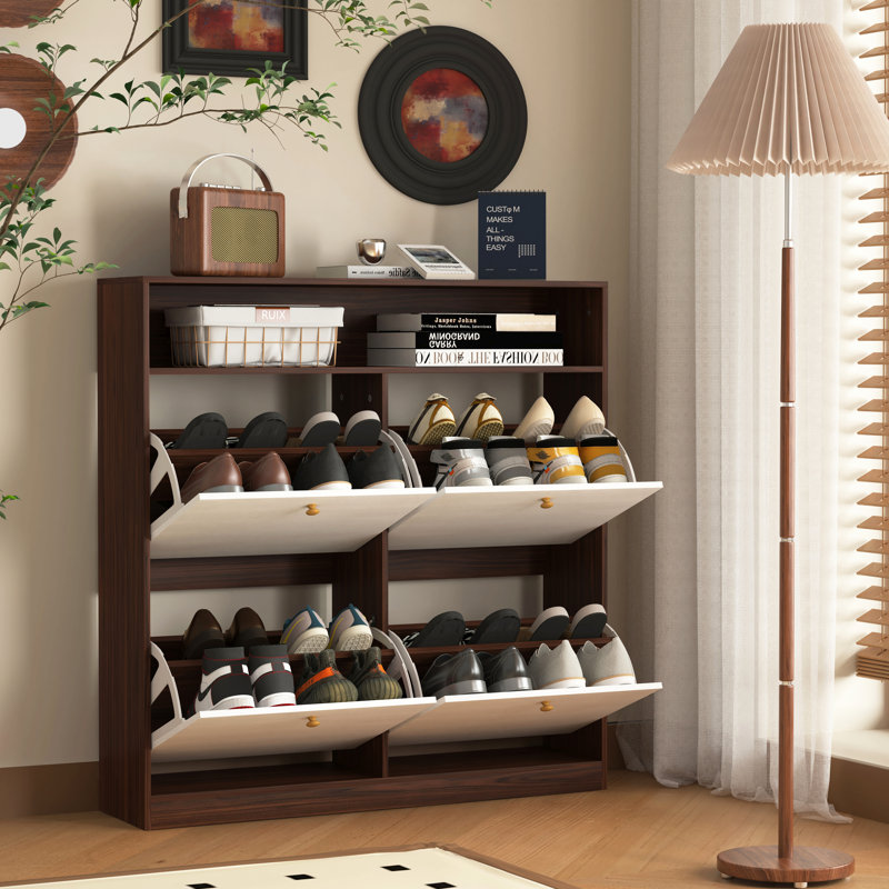 Armoire de rangement pour chaussures avec 4 tiroirs rabattables, armoire de rangement pour chaussures avec poignées en bois