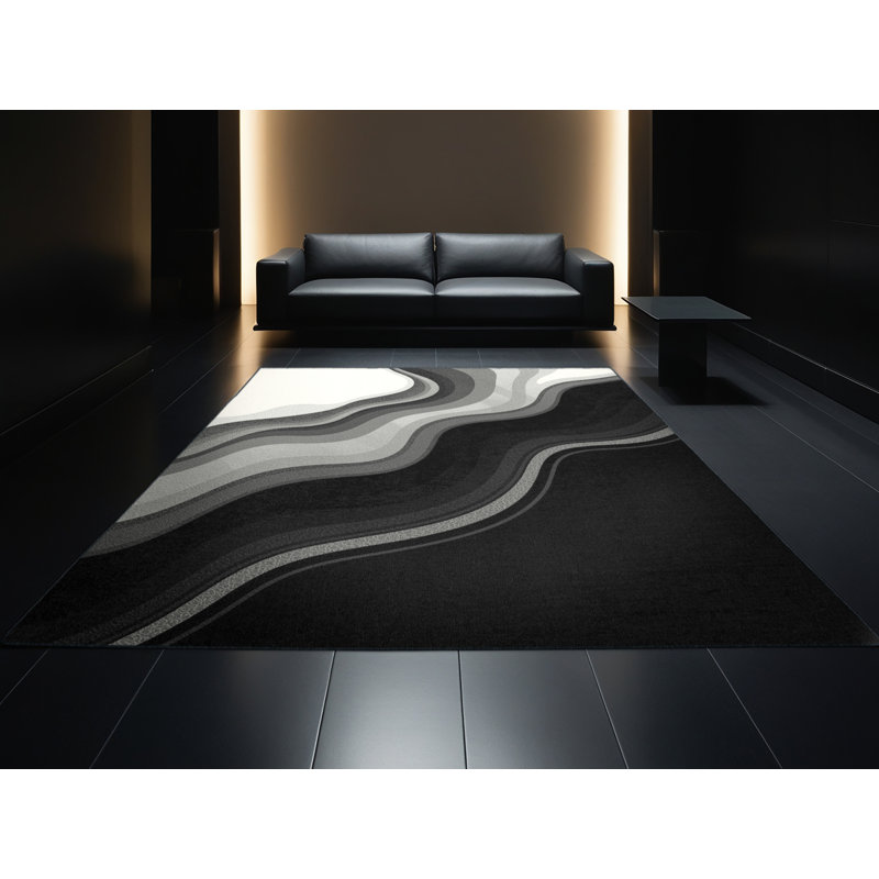 Machine Washable Peksenak Modern & Contemporary Ombre Rug in Gray – Black Binding, 8 x 10