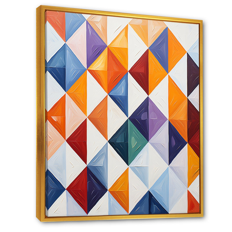 Carreaux géométriques multicolores orange et bleus - art mural abstrait, H 32 po x l 16 po x P 1 po, Cadre flottant doré