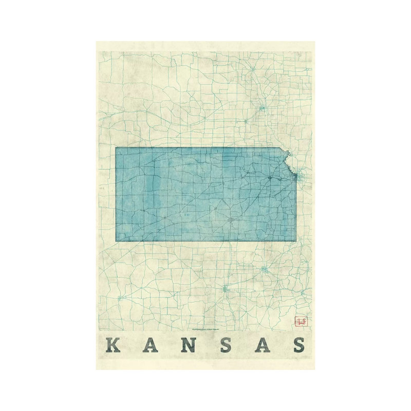 Kansas Map 1 Piece Wrapped Canvas Wall Art, 101.6 cm H x 66.04 cm W x 1.91 cm D
