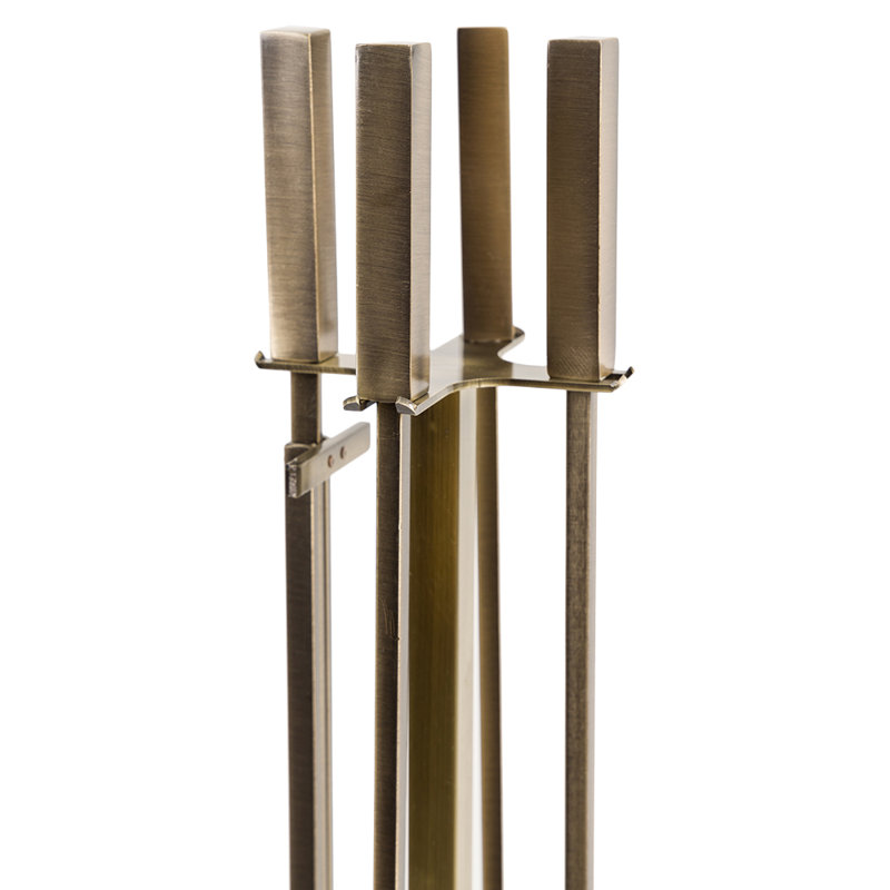 Modern Ember Harriet Fireplace Tool Set - Includes Brush, Shovel, Fire Poker, Tongs and Stand -Steel, Aged Brass