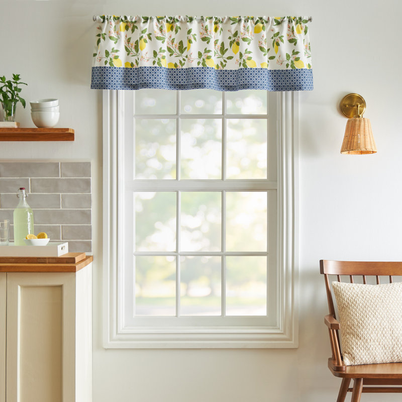 Blue and Yellow Lemons Light Filtering Cotton Polyester Kitchen Curtain Set