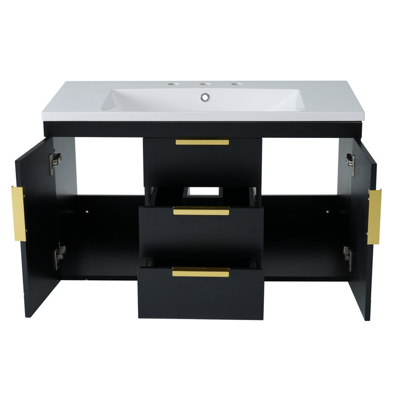 Meuble-lavabo mural simple flottant 35,5 po avec lavabo intégré, armoire de rangement à 2 tiroirs et 2 portes, compatible avec un robinet à entraxe de 8 po
