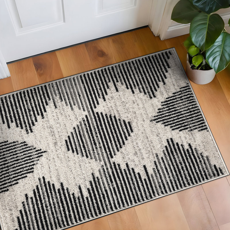 Modern Abstract Area Rug Minimal Contemporary Design, Crème/noir, Rectangulaire 2 pi x 3 pi