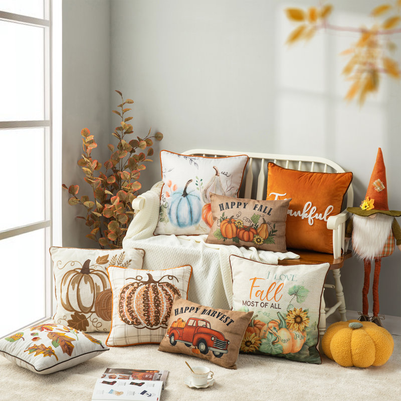 Beige and Brown Embroidered Linen Square Thanksgiving Throw Pillow Set