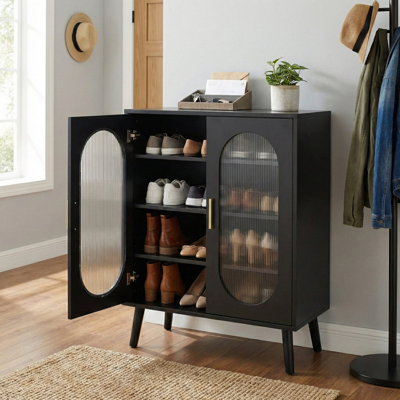 Armoire à chaussures 2 portes avec bande lumineuse à DEL USB, 4 tablettes intérieures et 24 lumières réglables, Noir