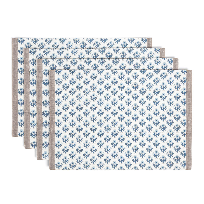 over&back Hand-Blocked Placemats, Set of 4, Blue Bloom