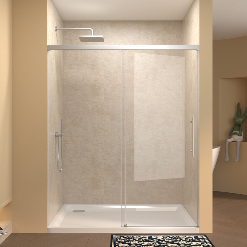 Porte de douche coulissante simple sans cadre 60 po x 72 po, verre trempé transparent, finition chromée, poignée en acier inoxydable | Idée de cadeau