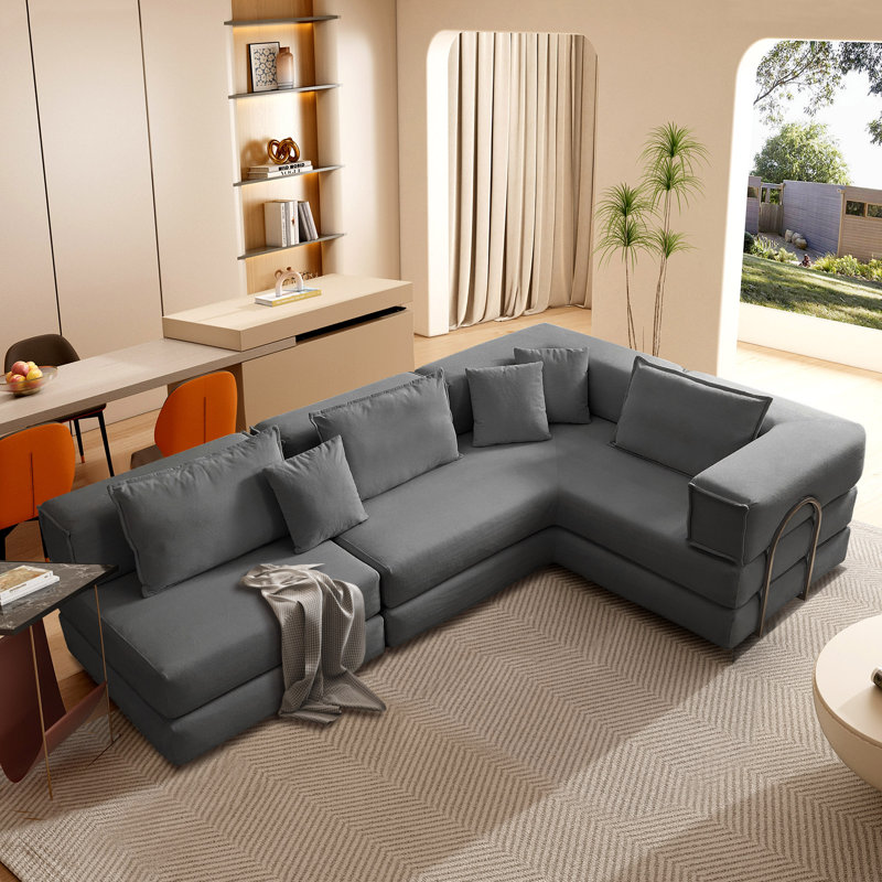 L-Shaped Modular Corduroy Sofa Bed For Living Rooms And Apartments, Dark Gray