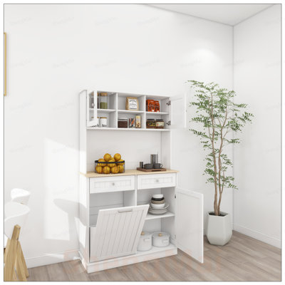 Modern Kitchen Trash Can Storage Cabinet with Adjustable Shelves, Drawers, and Tilt-Out Bin for Organized Living