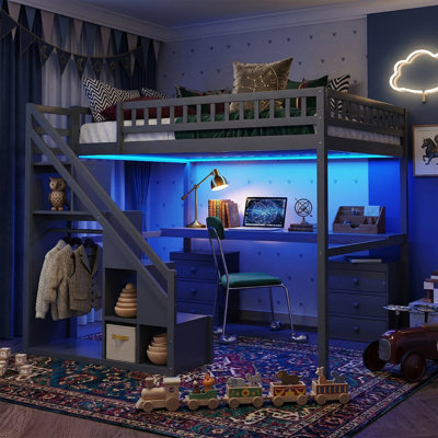 78.9" Full Size Loft Bed With Integrated Desk & 2 Chest Of Drawers - Independent Storage Stairs With LED Light Strip - Solid Wood Frame