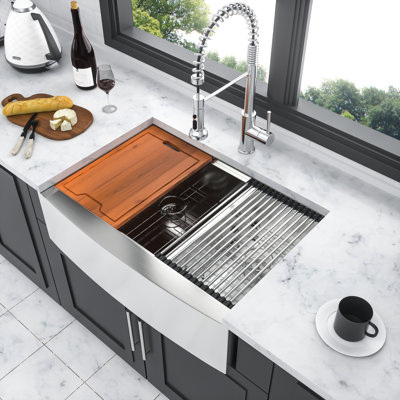Double Bowl  60/40  33 Inch Apron Front Stainless Steel Kitchen Sink With Workstation And X - Shaped Drainage, Comes Rack Cutting Board Design Functional Workspace, Brushed Nickel, Drain Installation