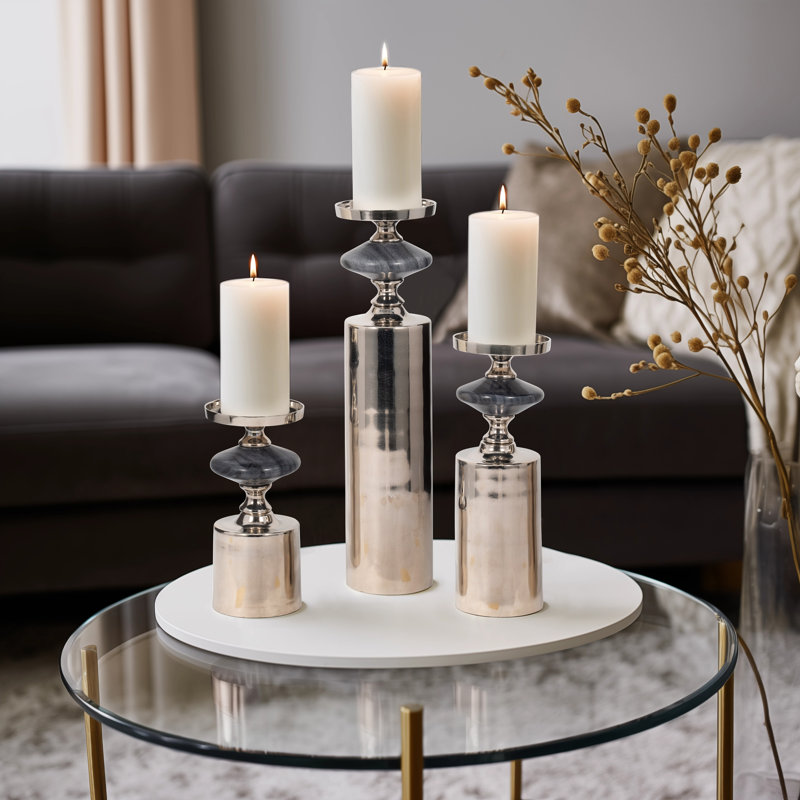 Set of 3 Metal and Marble Pillar Candle Holders & Taper Holders - Decorative Accent for Home Decor, Silver/Gray