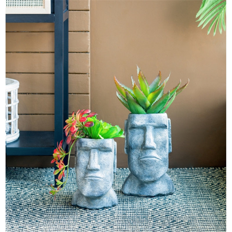 [Pot de fleurs statue en ciment île de Pâques] 5x5.5x9 "Jardinière en forme de pierre grise | Support à plante de petite et moyenne taille 900 ml (6,8 lb)