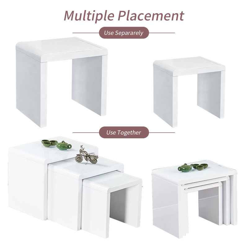 Set of 3 Modern Nesting End-Tables with Tempered Glass-Top and Panel-Built Frame , White
