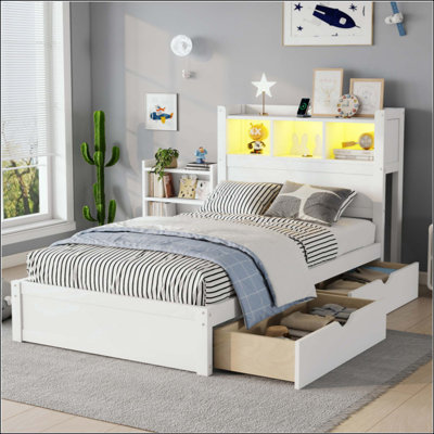 Lit avec tiroirs, lit en bois avec tête de rangement et armoire de rangement escamotable, lit en bois avec lumière et douille