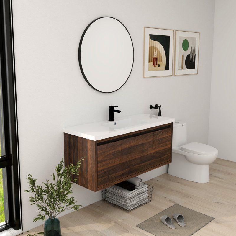 Ensemble de meuble-lavabo simple 48 po Zalet, meuble-lavabo mural simple, meuble-lavabo flottant avec plateau en résine blanche
