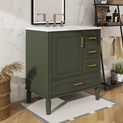 Meuble-lavabo de 30 pouces comprenant une tablette intégrée, un tiroir profond, un tiroir régulier et un tiroir diviseur allongé