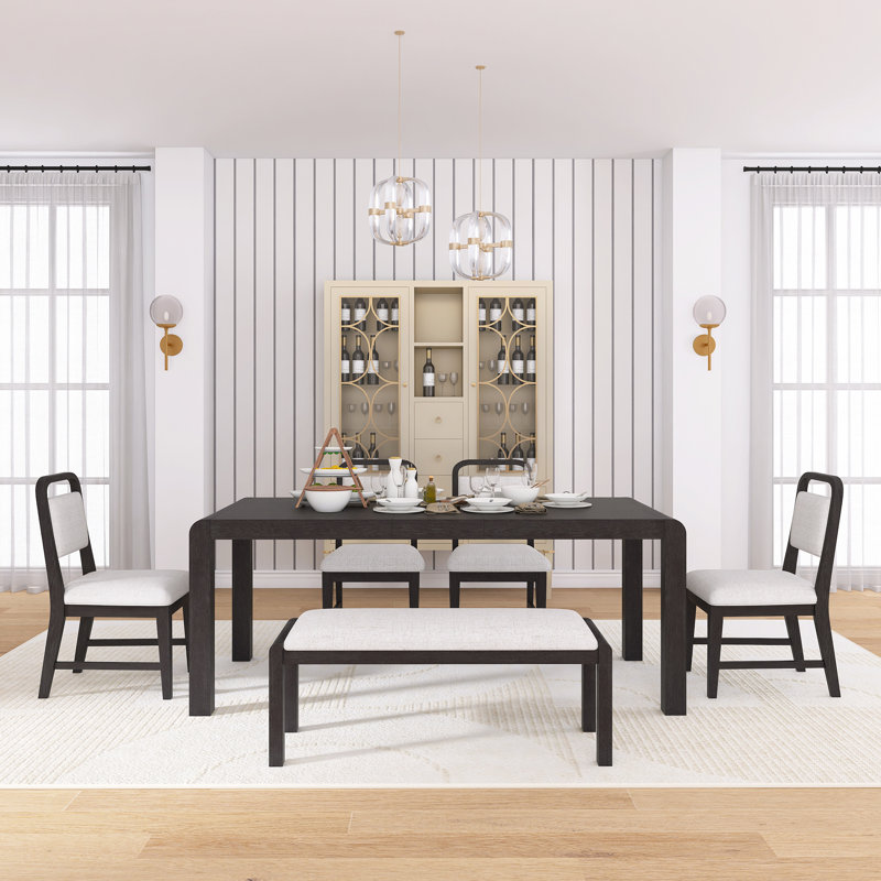 6-Piece Vintage Rectangular Extendable Dining Table Set,With 4 Ergonomic Upholstered Chairs And 1 Bench,A 12-Inch Removable Middle Leaf,Elegant Curved Legs,Easy Assembly