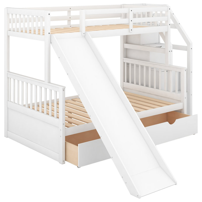 Lit superposé simple au-dessus d'un lit double avec tiroirs, rangement et glissière blanche pour enfants - pratique et pratique