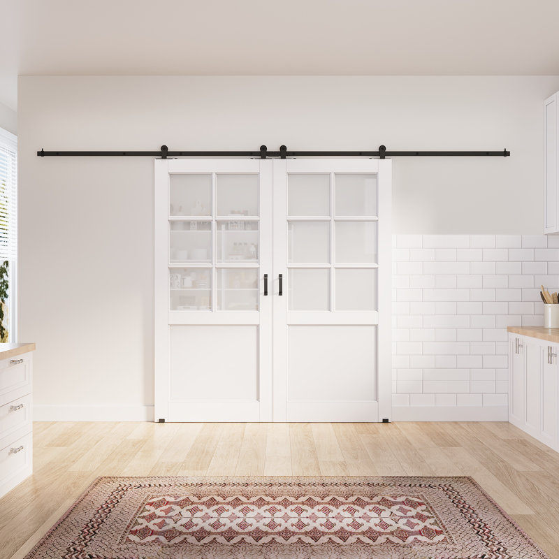 2 x 36 po x 80 po, surface de dalle blanche préfinie avec toute la quincaillerie de porte de grange, 72 po x 80 po