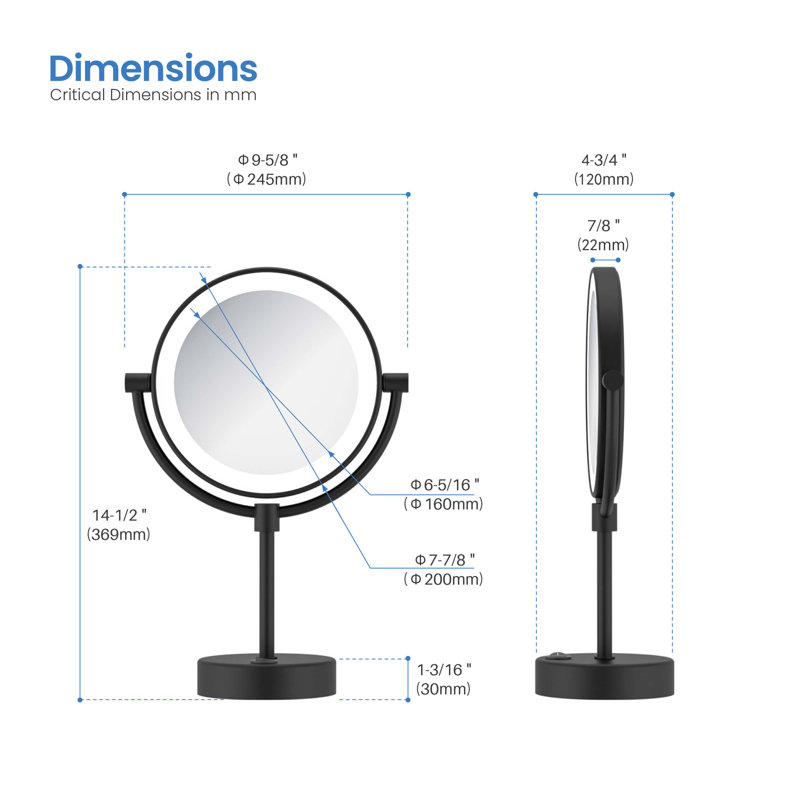 Miroir de maquillage circulaire autoportant, Noir mat