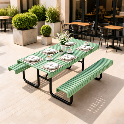 Tables de patio commerciales, 6 sièges de table de pique-nique en métal vert, salle à manger extérieure