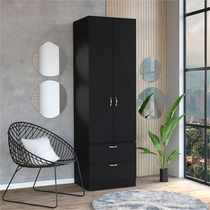 Armoire, porte double, 2 tiroirs, tringle, Noir