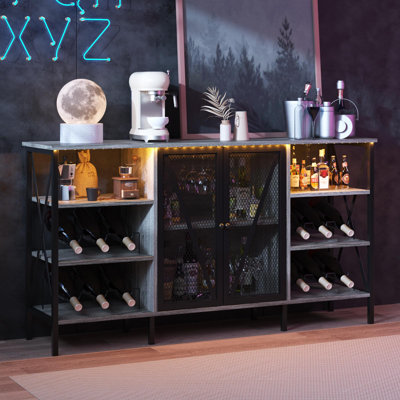 55.1" Industrial Wine Bar Cabinet with LED Lights and Glass Holder Sideboard Buffet Table