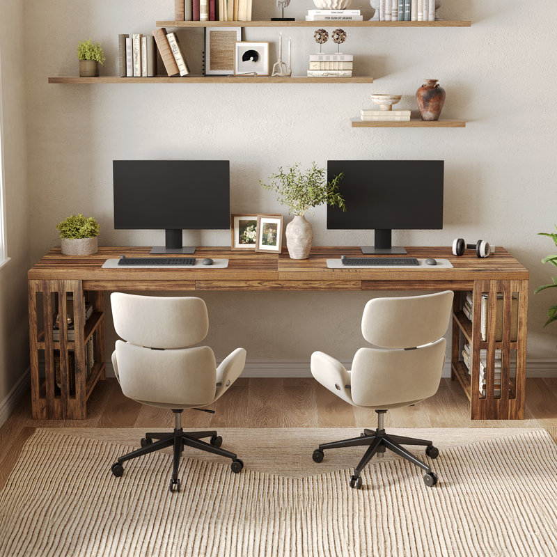 78.7" Long Computer Desk, Wooden 2 Person Desk with Storage Shelf, Dark Brown