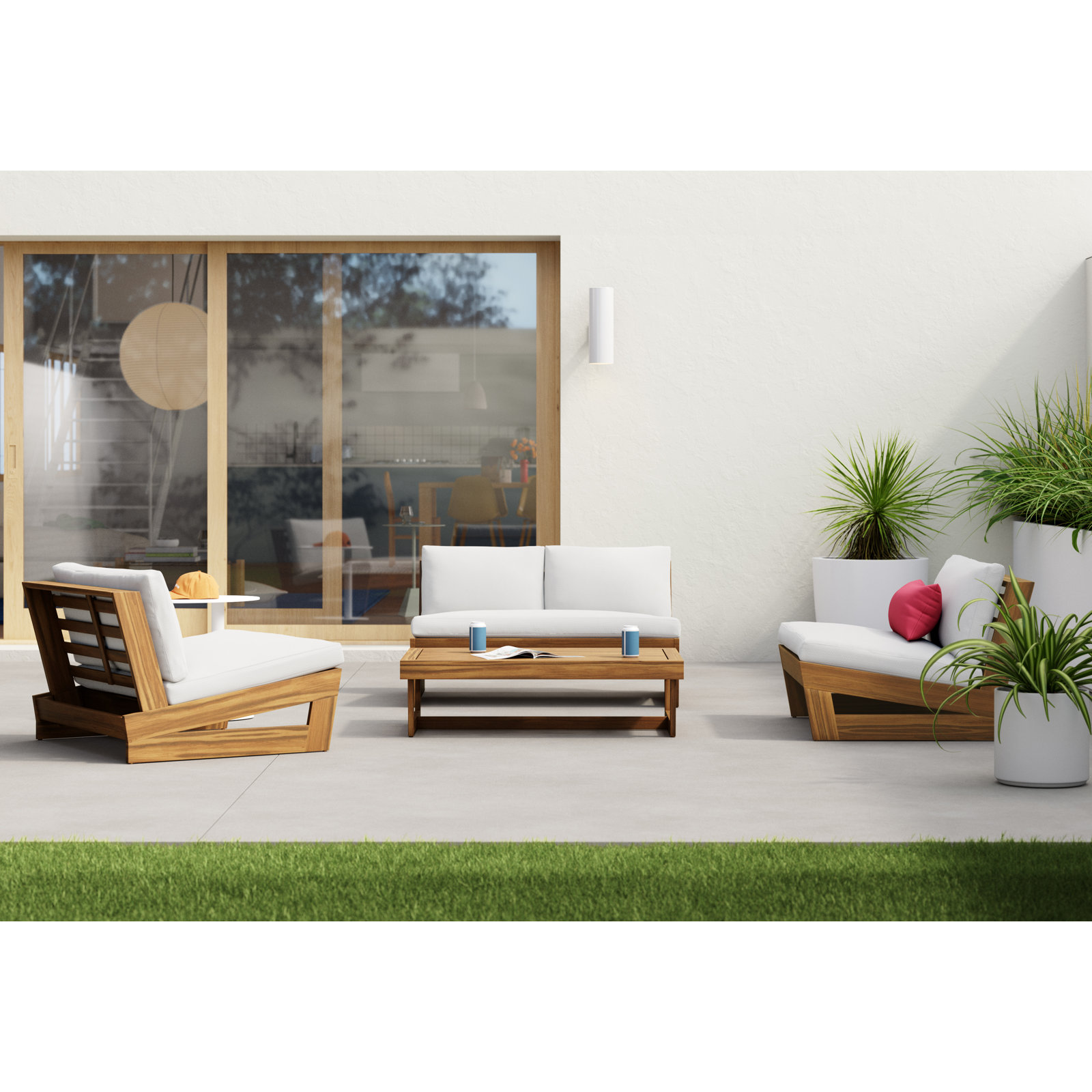 Louise Acacia 4 - Person Patio Conversation Set with Cushions, Teak Frame/White Cushion