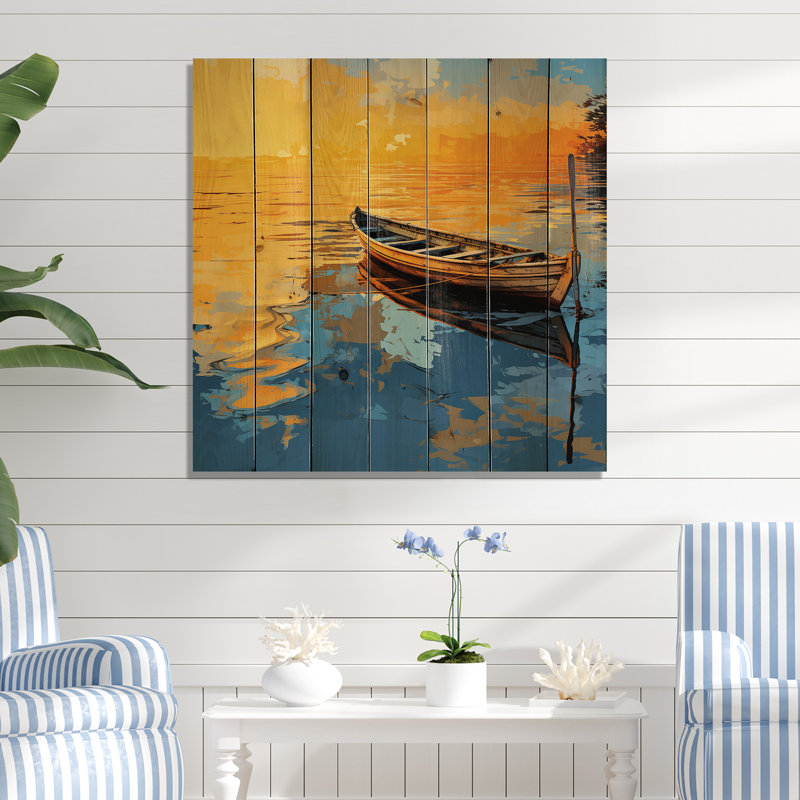 Yellow And Blue Boat By The Lake - Coastal Boat On Wood Print, 15" H x 15" W