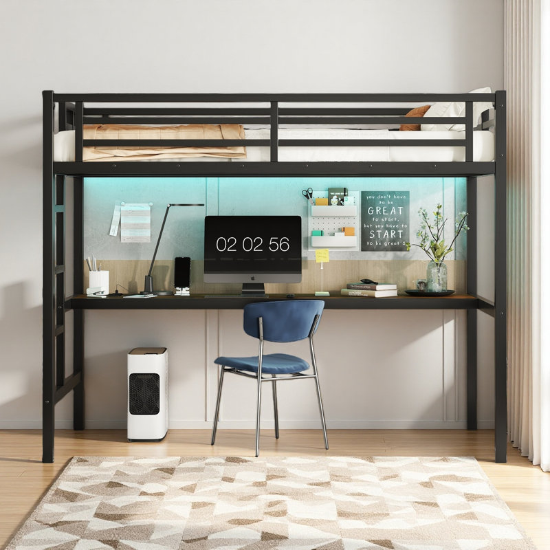 Metal Twin XL Size Loft Bed With Power Outlet And LED Lighted, Space-Saving, Noise Reduced