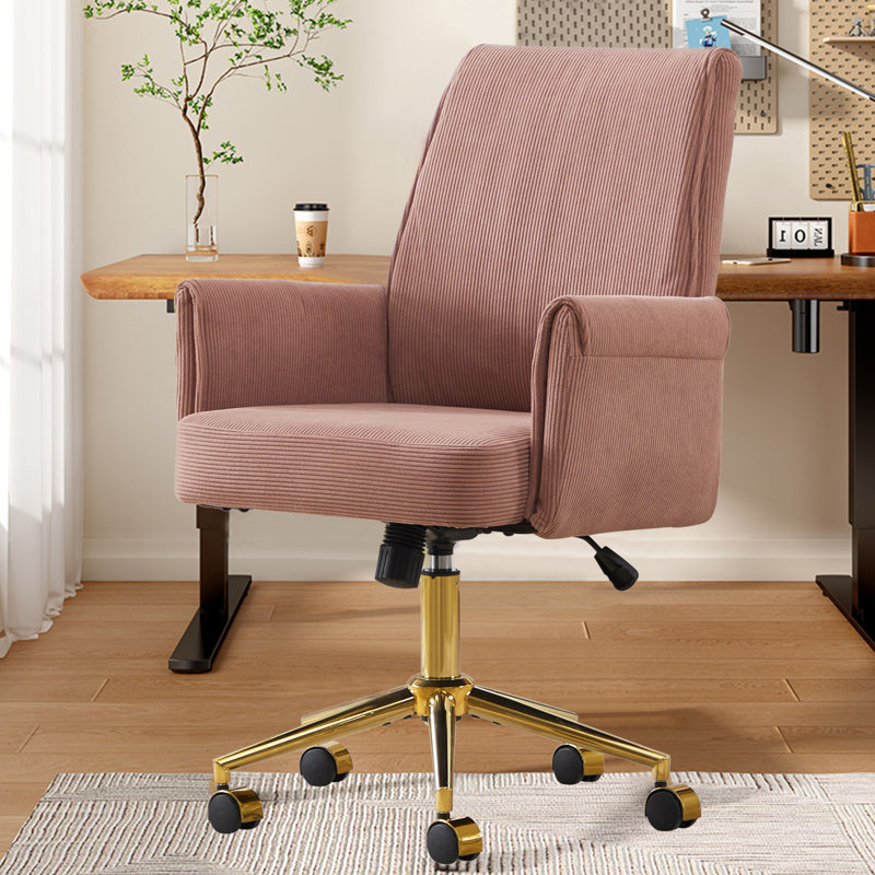 Chaise de bureau ergonomique à dossier moyen avec tissu rayé et base dorée, Rose clair