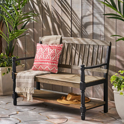 Outdoor Wood Bench With Shelf, Black Attractive Look Classic Shelf For A Charming Look,