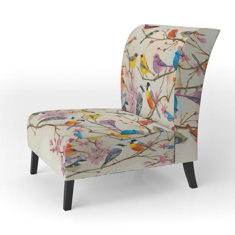 Multi-Color Bird On Tree - Upholstered Farmhouse Accent Slipper Chair, Cream Polyester Blend