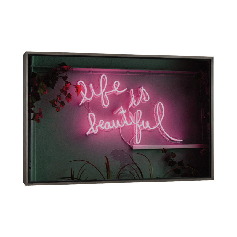 "Life is beautiful Neon" par Mambo art studio, art textuel, H 18 po x l 26 po x P 1,5 po, Toile avec cadre gris, Pas de tapis