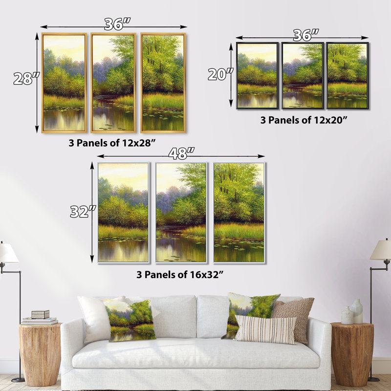 «Beautiful Summer River Green Landscape I», ensemble d'art mural sur toile encadré champêtre, H 32 po x l 48 po, Blanc