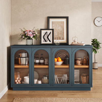 Buffet à 4 portes avec portes vitrées cintrées, étagères réglables sur 3 niveaux et système de gestion des câbles – Grand buffet de rangement pour la cuisine, la salle à manger et le salon