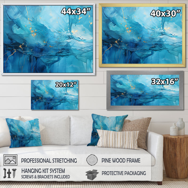 «Blue and White Cool Water Drip - Abstract Collages Wall Art Living Room», H 12 po x l 20 po x P 1 po, Toile tendue