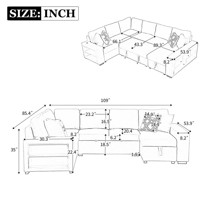 Canapé modulaire de 109 po avec lit escamotable et nombreux chargeurs de rangement beiges, sièges résilients, Chenille beige