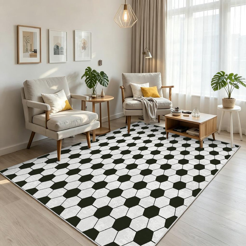 Tapis d'intérieur blanc lavable à la machine avec ballon de football, Rectangle 71" x 98"