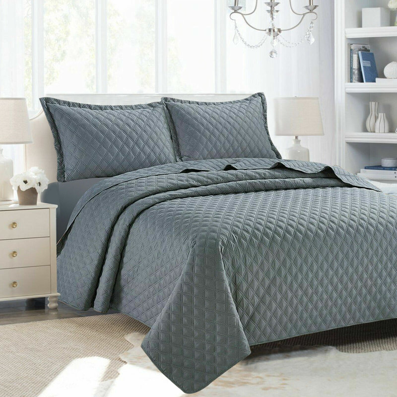Polyester Solid Colour Bedspread with Pillow Shams, Double Bedspread + 2 Standard Shams, Grey
