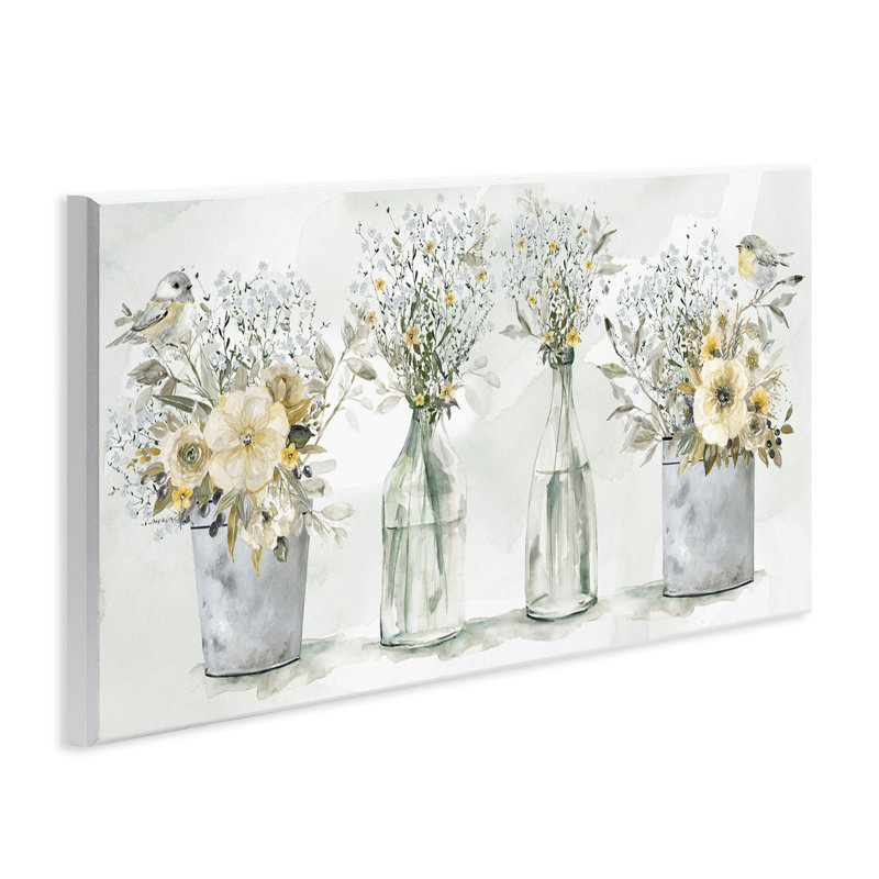«Farmhouse Floral Bouquets Song Birds Rustic Vases XL», art mural sur toile par Carol Robinson