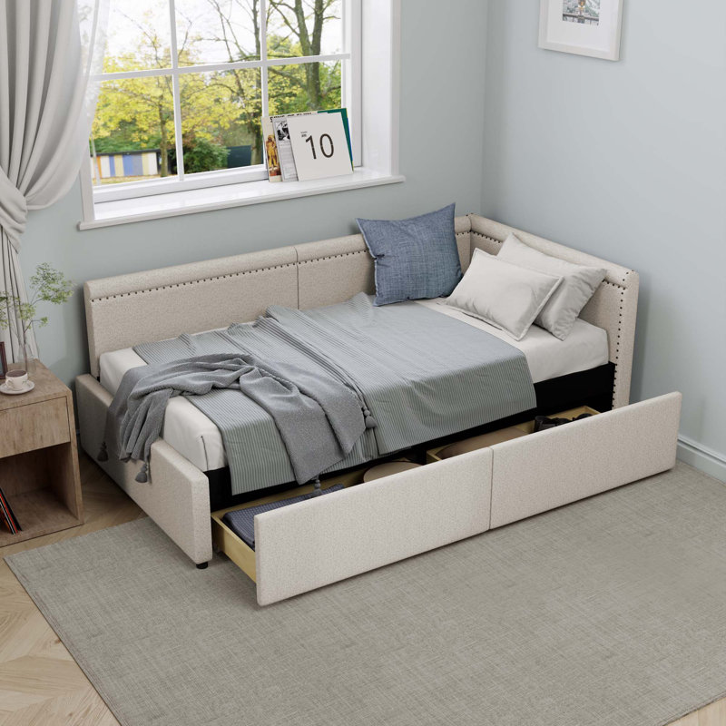 Lit de coin en forme de L, lit de jour rembourré en lin avec deux tiroirs de rangement, Beige
