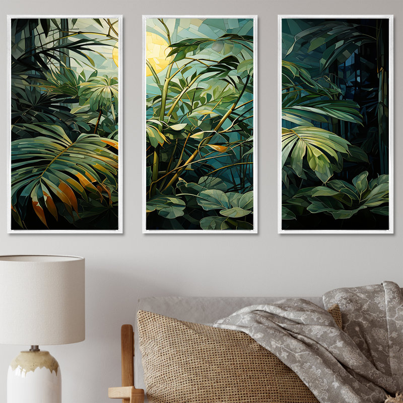 Ensemble de salon Fantasy Jungle Plants Under Moonlight II - Plants Wall Art, Cadre flottant blanc