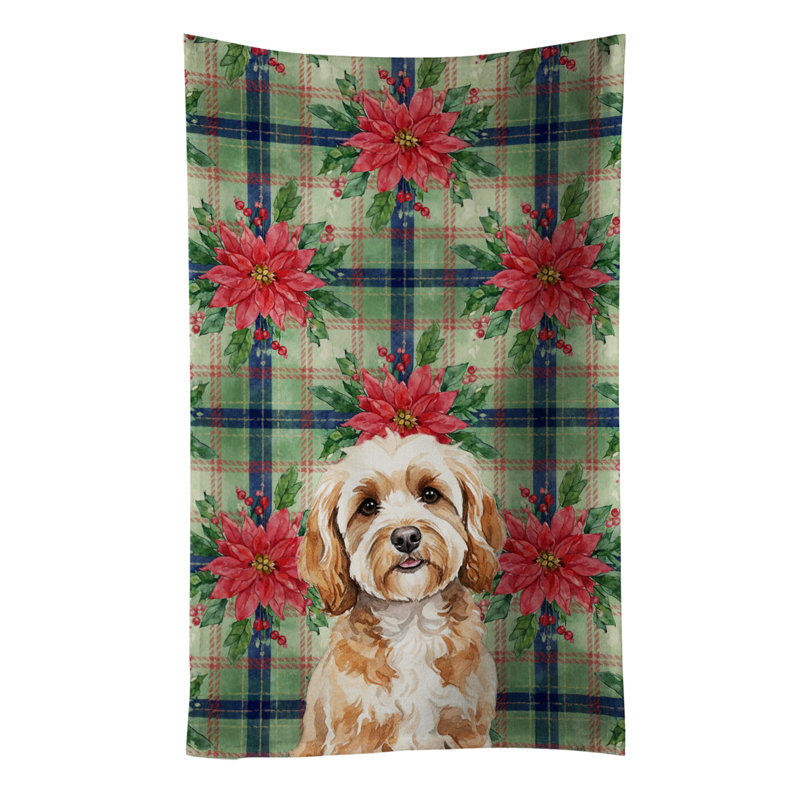 Cavapoo Christmas PoinsettIas Kitchen Towel, White/TanCavapoo